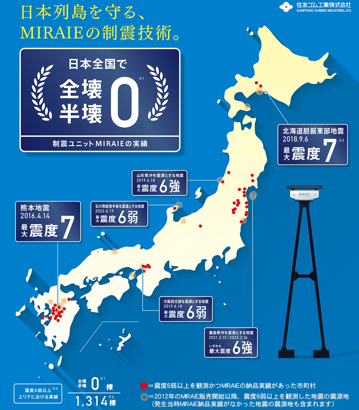 日本列島を守る、MIRAIEの制震技術。実績イメージイラスト